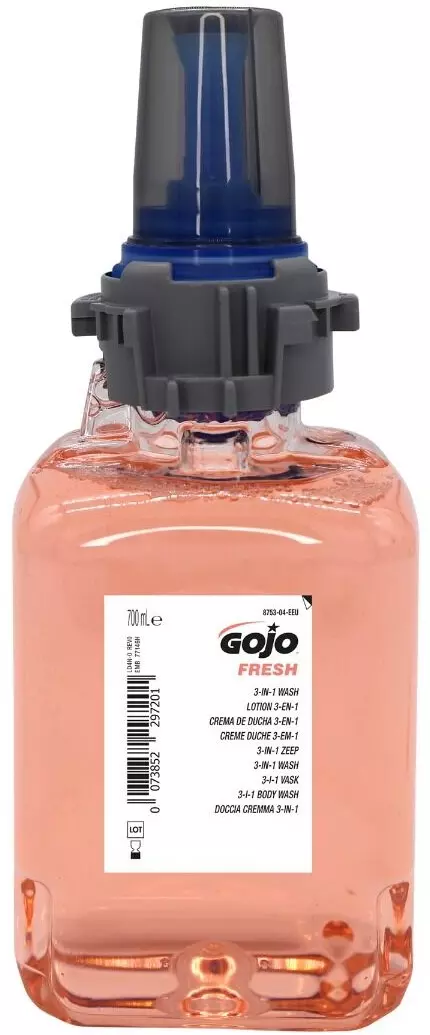 GOJO Fresh 3 az 1-ben tusfürdő, sampon és folyékonyszappan utántöltő patron, gyümölcs illatú, rózsaszín, gél állagú, ADX-7 rendszer, 700ml
