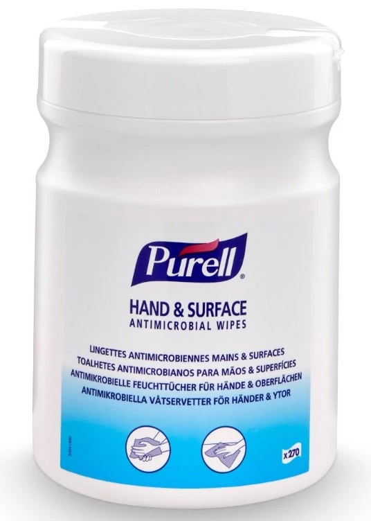 PURELL Hand & Surface Antimicrobial Wipes, 150x170mm kézfertőtlenítő és felületfertőtlenítő kendő, 270db/tégely